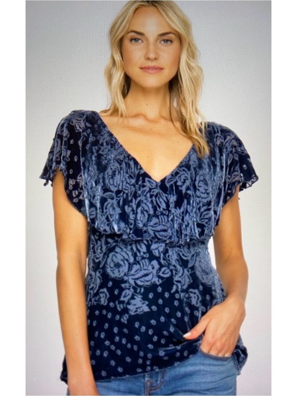 Navy Blue Velvet Floral V-Neck Women’s Dress Top